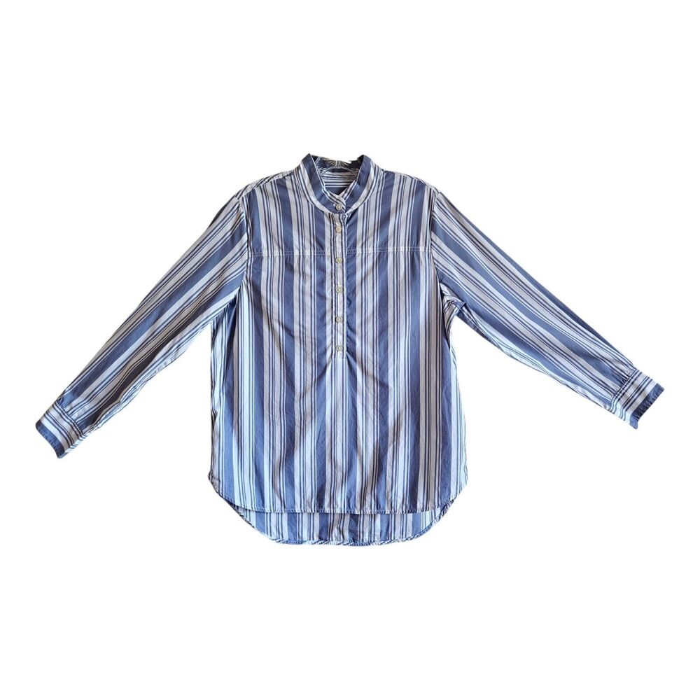 J. CREW Women's 4 Tunic Shirt Blue White Vertical Striped Band Collar Cotton 38"